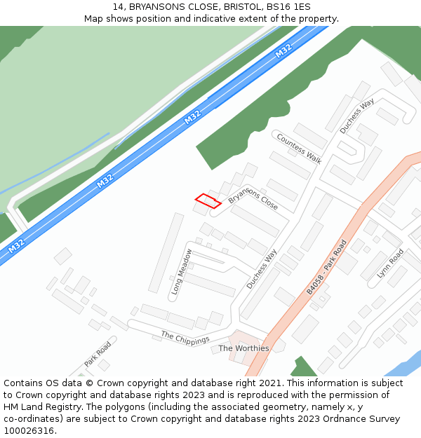 14, BRYANSONS CLOSE, BRISTOL, BS16 1ES: Location map and indicative extent of plot