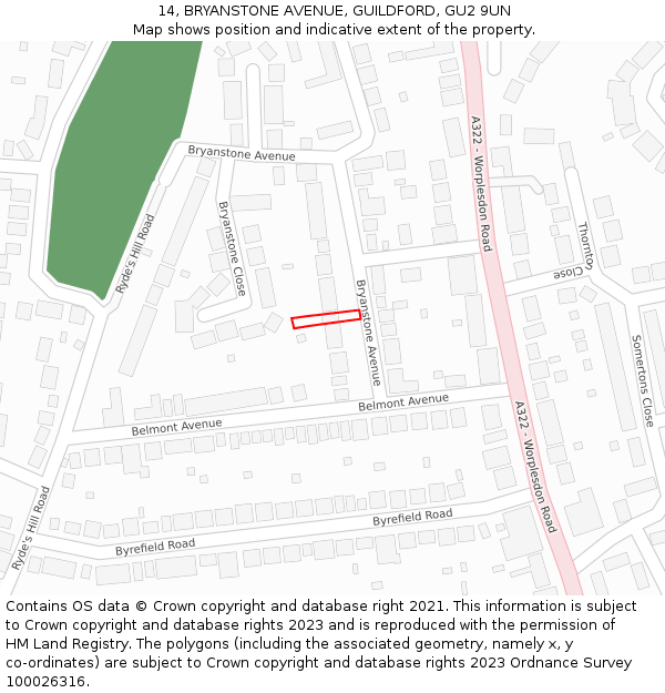 14, BRYANSTONE AVENUE, GUILDFORD, GU2 9UN: Location map and indicative extent of plot