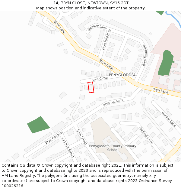 14, BRYN CLOSE, NEWTOWN, SY16 2DT: Location map and indicative extent of plot