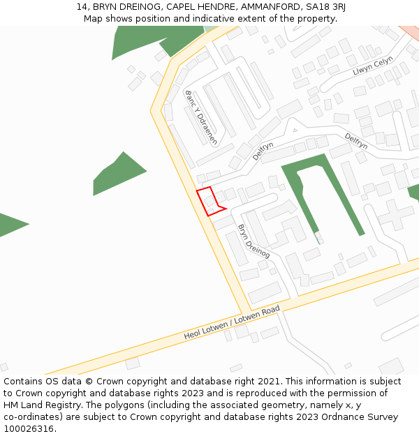 14, BRYN DREINOG, CAPEL HENDRE, AMMANFORD, SA18 3RJ: Location map and indicative extent of plot