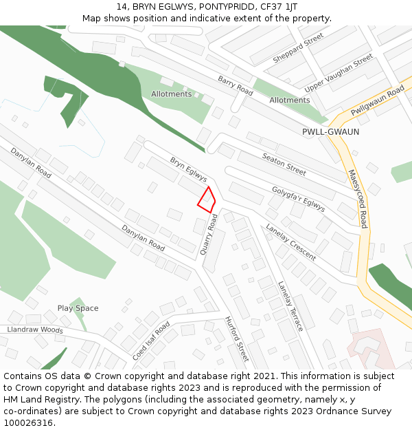 14, BRYN EGLWYS, PONTYPRIDD, CF37 1JT: Location map and indicative extent of plot