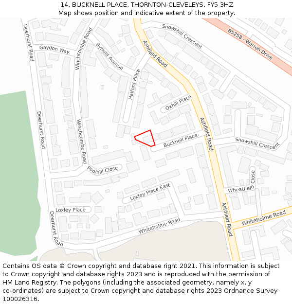14, BUCKNELL PLACE, THORNTON-CLEVELEYS, FY5 3HZ: Location map and indicative extent of plot