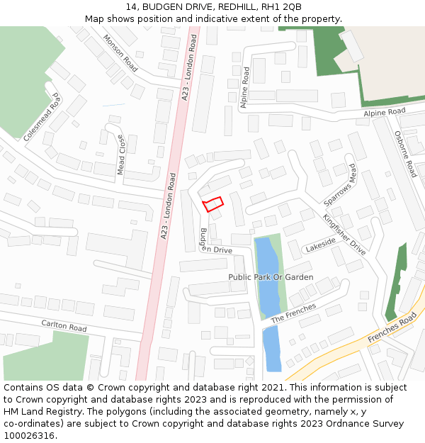 14, BUDGEN DRIVE, REDHILL, RH1 2QB: Location map and indicative extent of plot