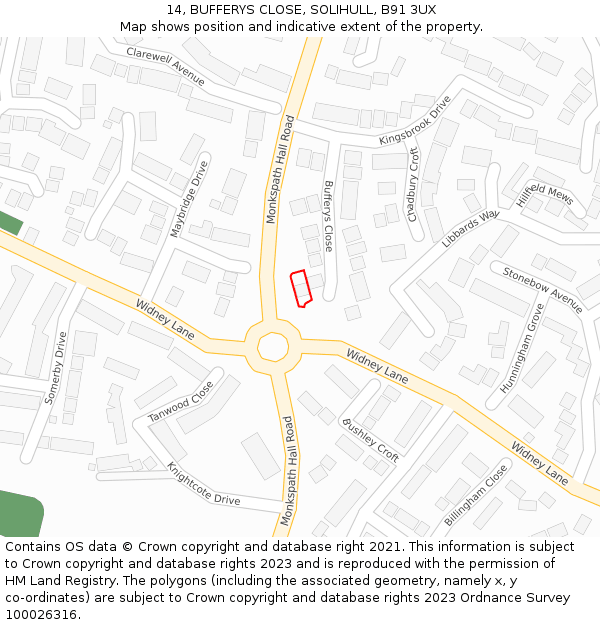 14, BUFFERYS CLOSE, SOLIHULL, B91 3UX: Location map and indicative extent of plot