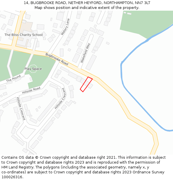 14, BUGBROOKE ROAD, NETHER HEYFORD, NORTHAMPTON, NN7 3LT: Location map and indicative extent of plot