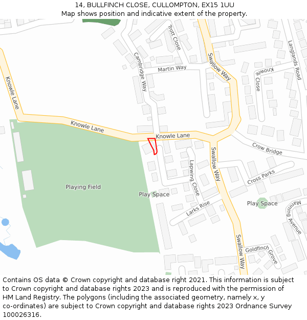 14, BULLFINCH CLOSE, CULLOMPTON, EX15 1UU: Location map and indicative extent of plot