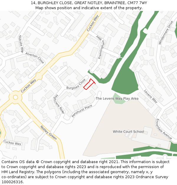 14, BURGHLEY CLOSE, GREAT NOTLEY, BRAINTREE, CM77 7WY: Location map and indicative extent of plot