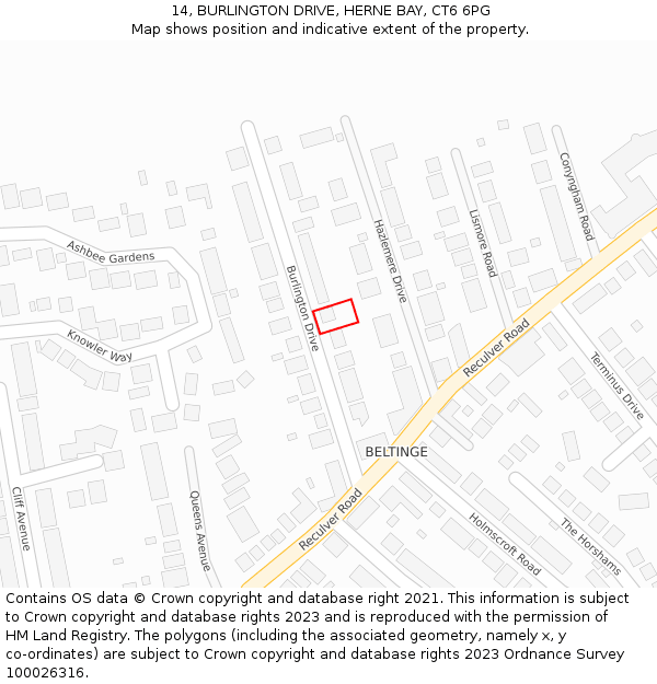 14, BURLINGTON DRIVE, HERNE BAY, CT6 6PG: Location map and indicative extent of plot