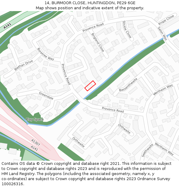 14, BURMOOR CLOSE, HUNTINGDON, PE29 6GE: Location map and indicative extent of plot