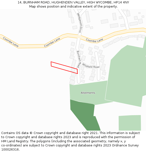 14, BURNHAM ROAD, HUGHENDEN VALLEY, HIGH WYCOMBE, HP14 4NY: Location map and indicative extent of plot