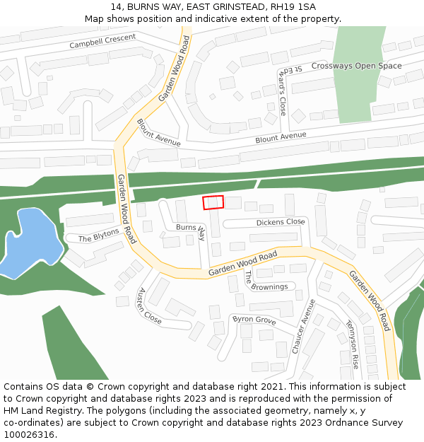 14, BURNS WAY, EAST GRINSTEAD, RH19 1SA: Location map and indicative extent of plot