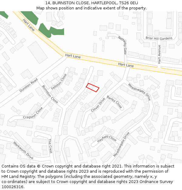 14, BURNSTON CLOSE, HARTLEPOOL, TS26 0EU: Location map and indicative extent of plot