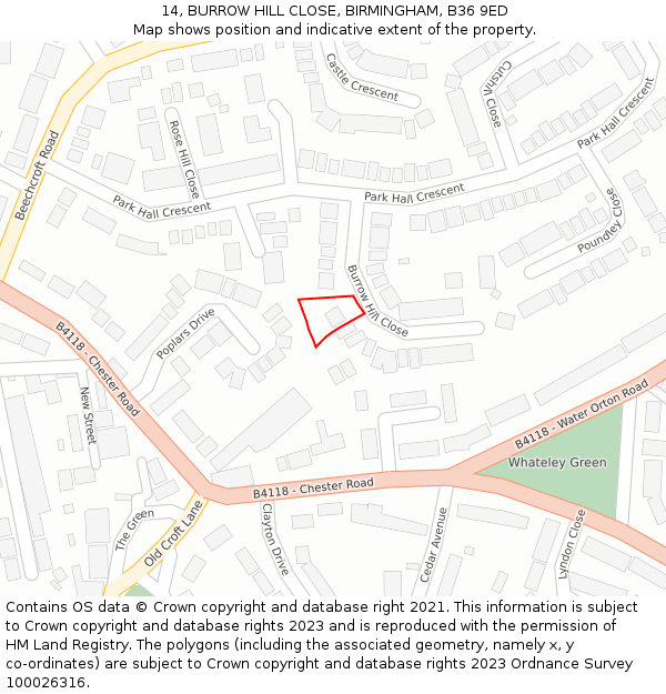 14, BURROW HILL CLOSE, BIRMINGHAM, B36 9ED: Location map and indicative extent of plot