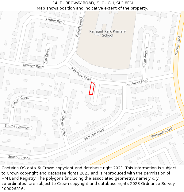 14, BURROWAY ROAD, SLOUGH, SL3 8EN: Location map and indicative extent of plot