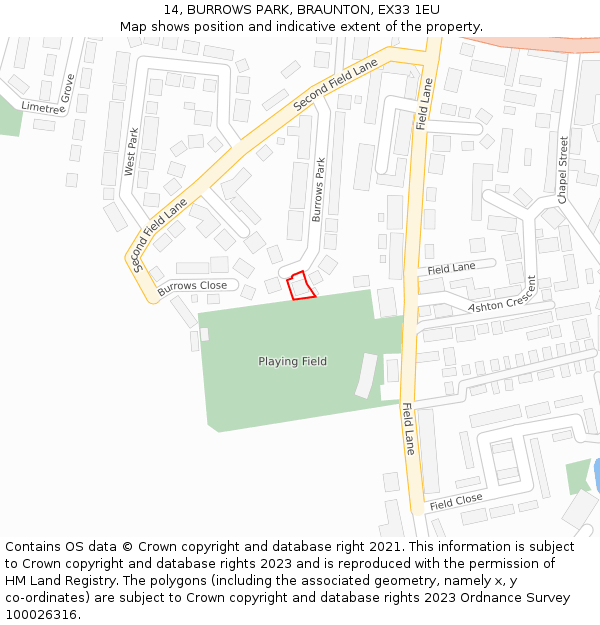 14, BURROWS PARK, BRAUNTON, EX33 1EU: Location map and indicative extent of plot