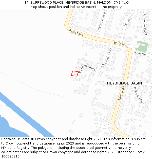 14, BURRSWOOD PLACE, HEYBRIDGE BASIN, MALDON, CM9 4UQ: Location map and indicative extent of plot