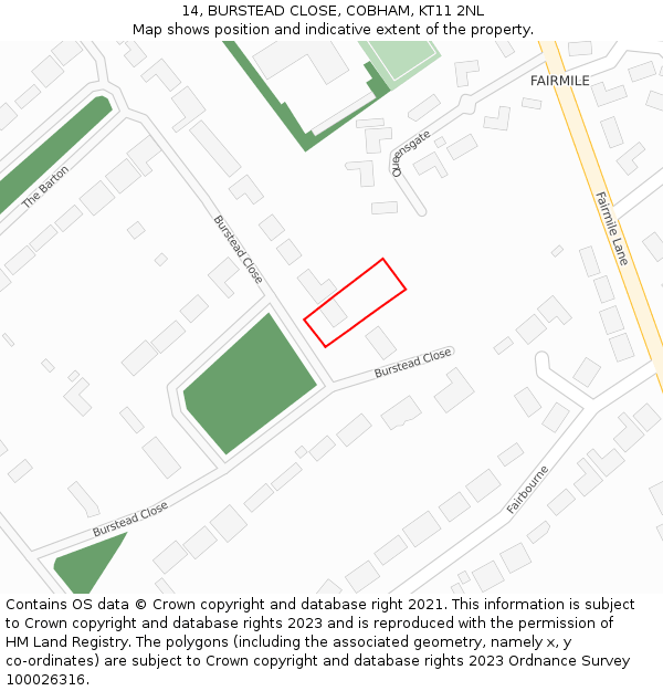 14, BURSTEAD CLOSE, COBHAM, KT11 2NL: Location map and indicative extent of plot