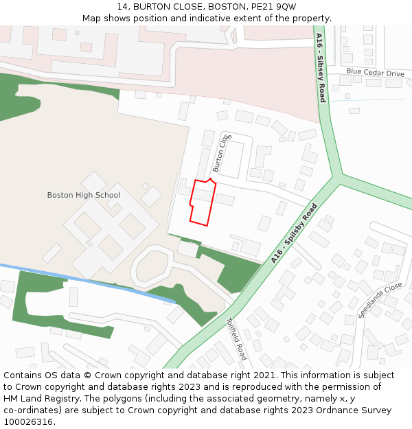 14, BURTON CLOSE, BOSTON, PE21 9QW: Location map and indicative extent of plot