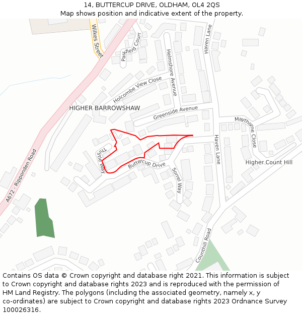 14, BUTTERCUP DRIVE, OLDHAM, OL4 2QS: Location map and indicative extent of plot