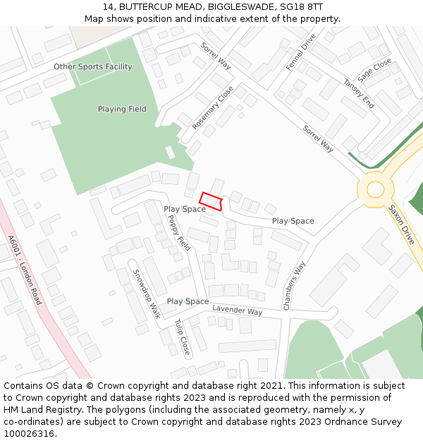 14, BUTTERCUP MEAD, BIGGLESWADE, SG18 8TT: Location map and indicative extent of plot