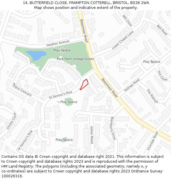 14, BUTTERFIELD CLOSE, FRAMPTON COTTERELL, BRISTOL, BS36 2WA: Location map and indicative extent of plot