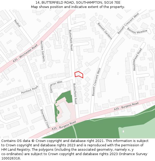 14, BUTTERFIELD ROAD, SOUTHAMPTON, SO16 7EE: Location map and indicative extent of plot