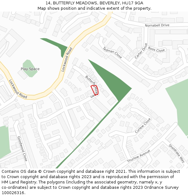 14, BUTTERFLY MEADOWS, BEVERLEY, HU17 9GA: Location map and indicative extent of plot