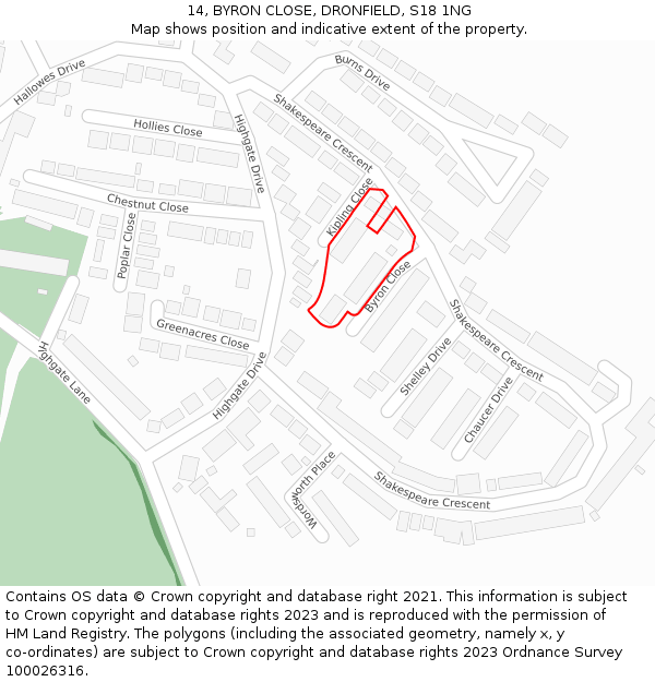 14, BYRON CLOSE, DRONFIELD, S18 1NG: Location map and indicative extent of plot