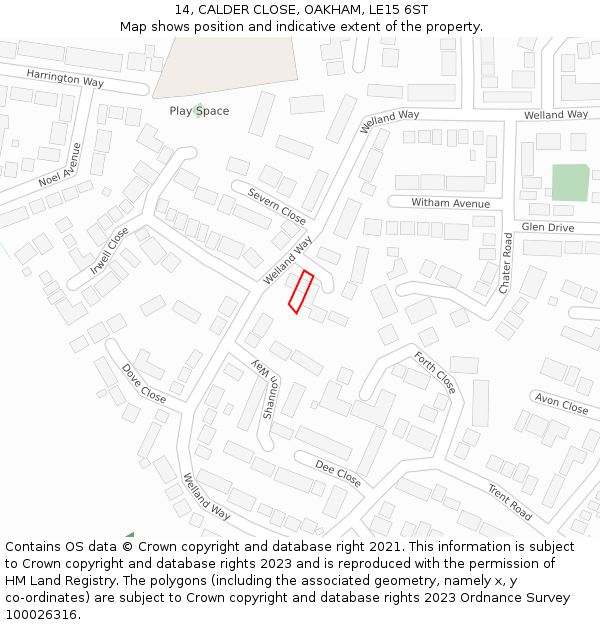 14, CALDER CLOSE, OAKHAM, LE15 6ST: Location map and indicative extent of plot