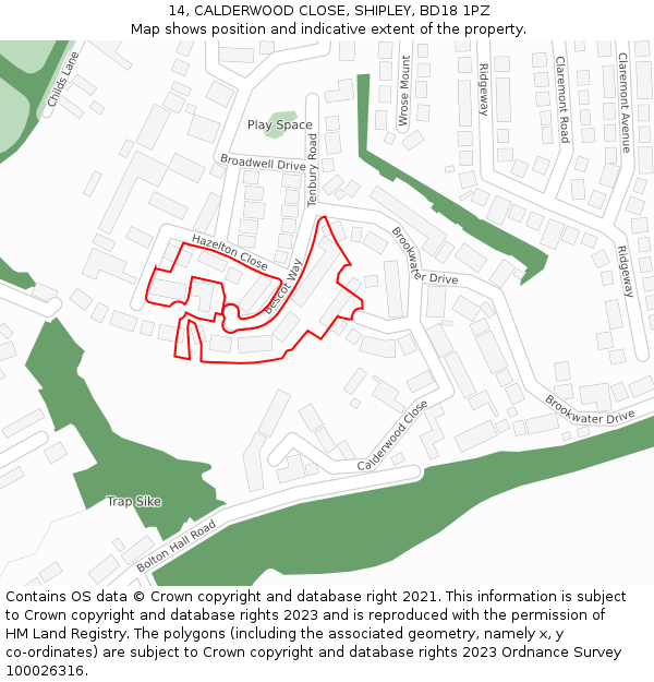 14, CALDERWOOD CLOSE, SHIPLEY, BD18 1PZ: Location map and indicative extent of plot