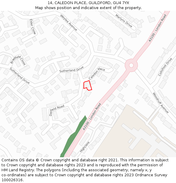 14, CALEDON PLACE, GUILDFORD, GU4 7YX: Location map and indicative extent of plot