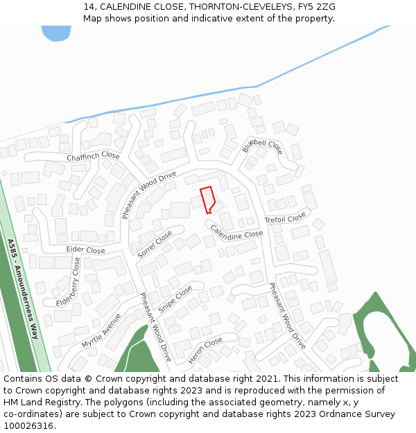 14, CALENDINE CLOSE, THORNTON-CLEVELEYS, FY5 2ZG: Location map and indicative extent of plot