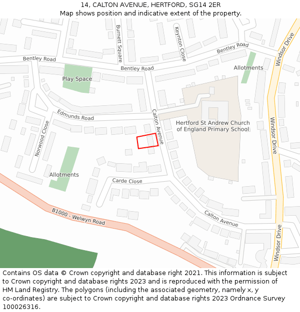 14, CALTON AVENUE, HERTFORD, SG14 2ER: Location map and indicative extent of plot