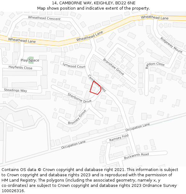 14, CAMBORNE WAY, KEIGHLEY, BD22 6NE: Location map and indicative extent of plot