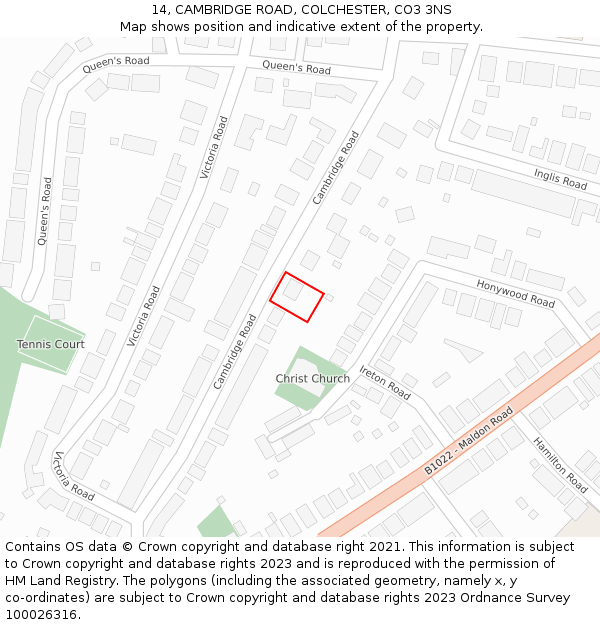 14, CAMBRIDGE ROAD, COLCHESTER, CO3 3NS: Location map and indicative extent of plot