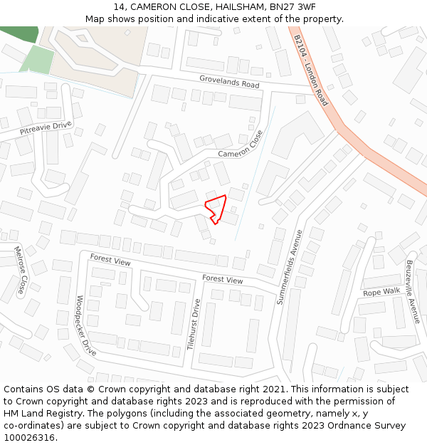 14, CAMERON CLOSE, HAILSHAM, BN27 3WF: Location map and indicative extent of plot