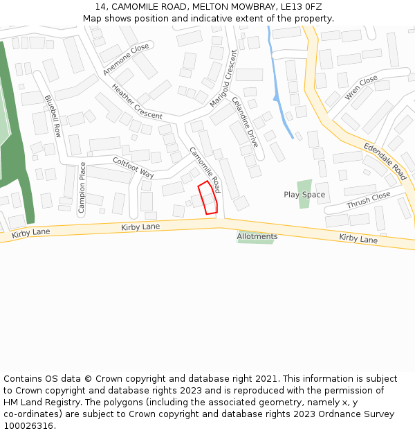 14, CAMOMILE ROAD, MELTON MOWBRAY, LE13 0FZ: Location map and indicative extent of plot