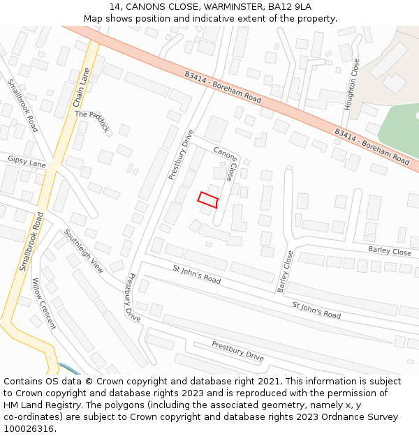 14, CANONS CLOSE, WARMINSTER, BA12 9LA: Location map and indicative extent of plot