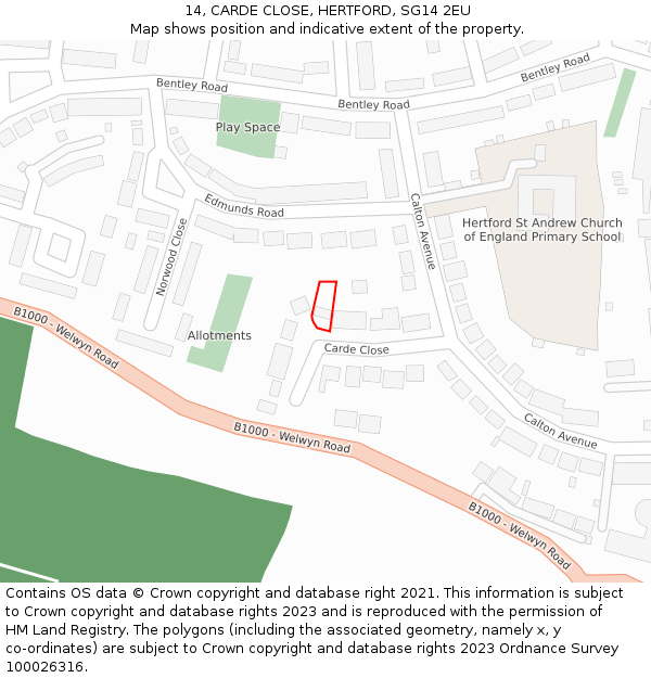 14, CARDE CLOSE, HERTFORD, SG14 2EU: Location map and indicative extent of plot