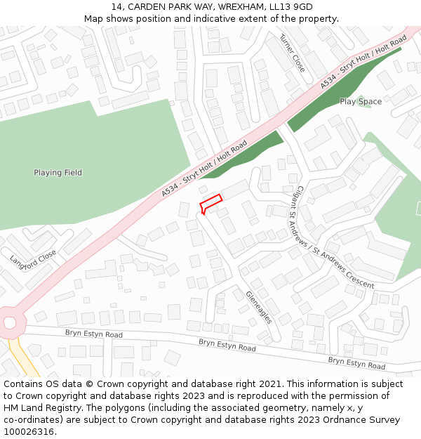 14, CARDEN PARK WAY, WREXHAM, LL13 9GD: Location map and indicative extent of plot