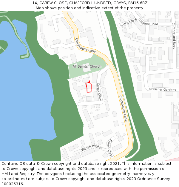 14, CAREW CLOSE, CHAFFORD HUNDRED, GRAYS, RM16 6RZ: Location map and indicative extent of plot