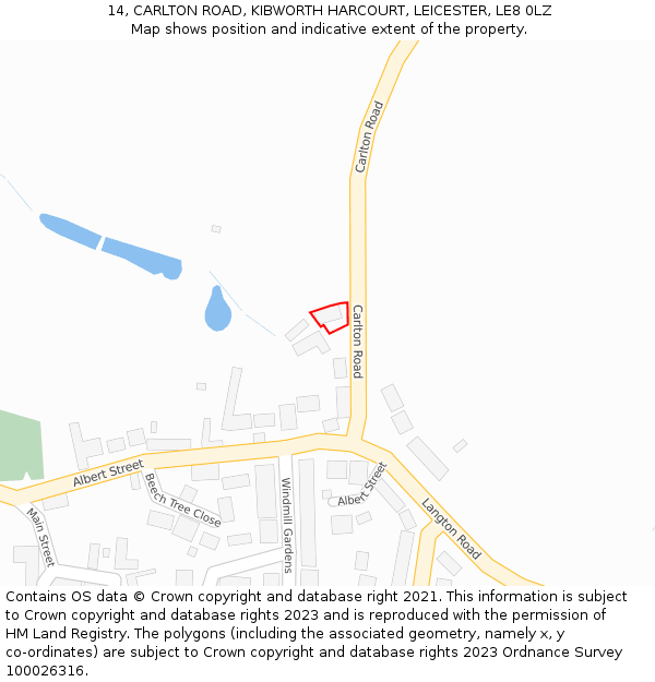 14, CARLTON ROAD, KIBWORTH HARCOURT, LEICESTER, LE8 0LZ: Location map and indicative extent of plot