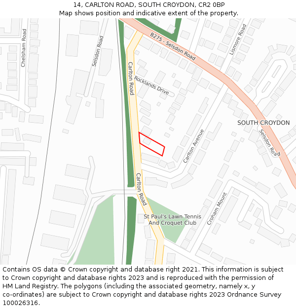 14, CARLTON ROAD, SOUTH CROYDON, CR2 0BP: Location map and indicative extent of plot