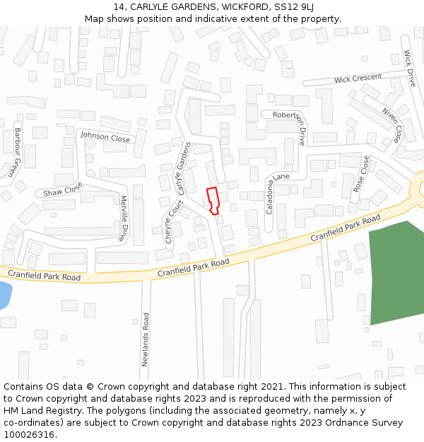 14, CARLYLE GARDENS, WICKFORD, SS12 9LJ: Location map and indicative extent of plot