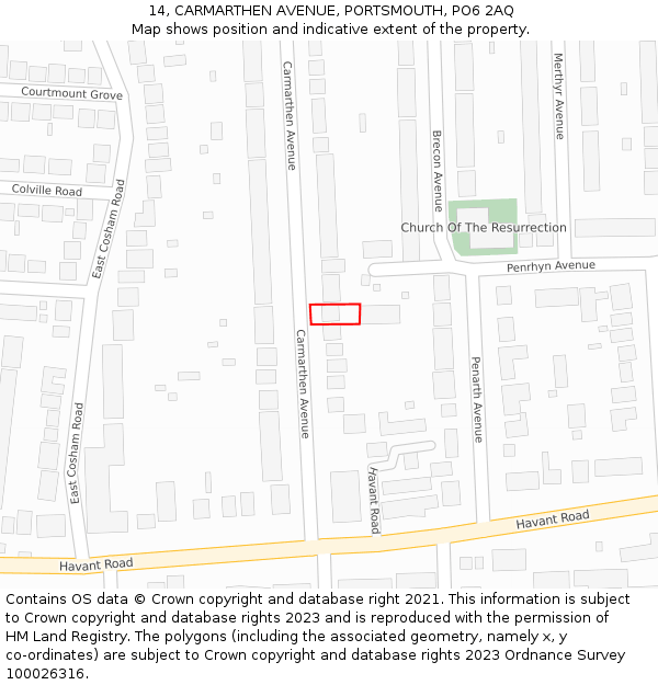 14, CARMARTHEN AVENUE, PORTSMOUTH, PO6 2AQ: Location map and indicative extent of plot