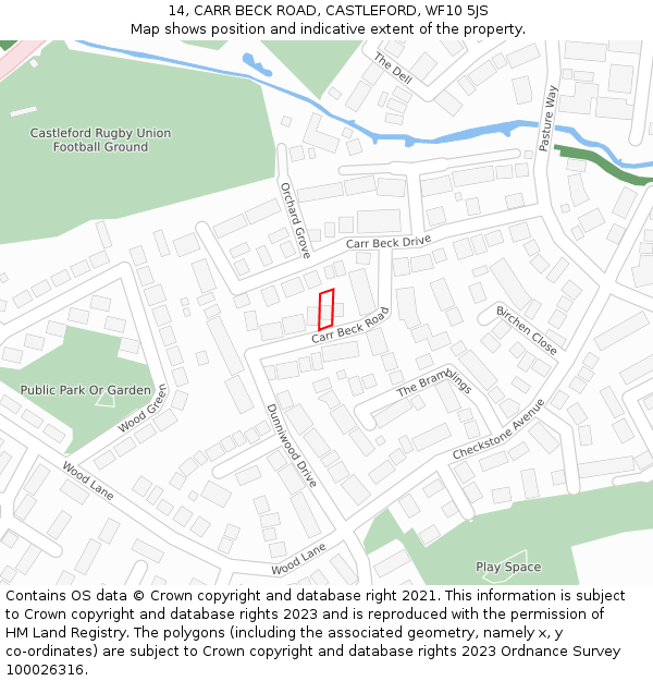 14, CARR BECK ROAD, CASTLEFORD, WF10 5JS: Location map and indicative extent of plot