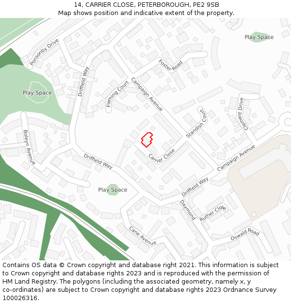 14, CARRIER CLOSE, PETERBOROUGH, PE2 9SB: Location map and indicative extent of plot