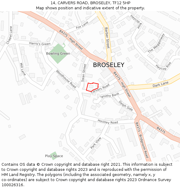 14, CARVERS ROAD, BROSELEY, TF12 5HP: Location map and indicative extent of plot