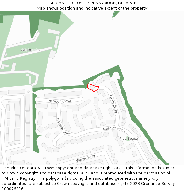 14, CASTLE CLOSE, SPENNYMOOR, DL16 6TR: Location map and indicative extent of plot