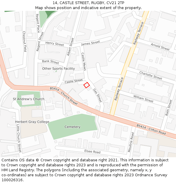 14, CASTLE STREET, RUGBY, CV21 2TP: Location map and indicative extent of plot